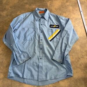 Goodyear Work Shirt Mens M Blue Vintage Mechanic Automotive USA‎ Paint Splatter